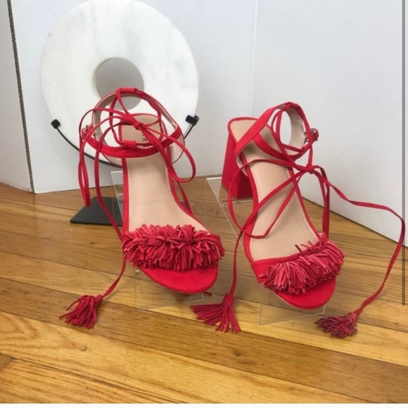 red fringe block heels